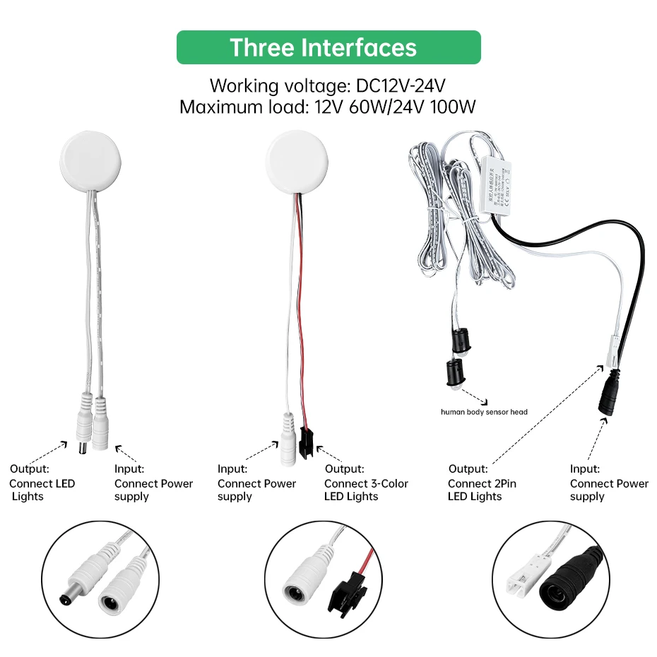 DC Plug 12V-24V Penetrable Touch Dimmer Panel Stepless Dimming & PIR Motion Switch for Wood/Glass/Acrylic LED Lighting Control
