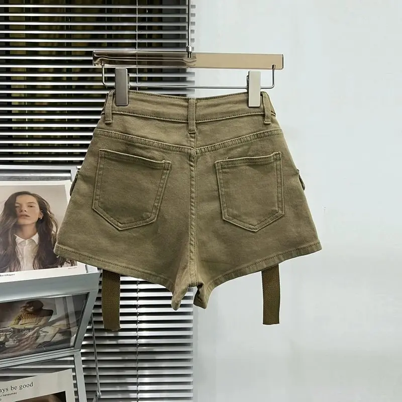orts de Jeans de Cintura Alta Fs Slim Fit para o Verão com andes Bolsos Jeans de Perna Larga Estilo Trendy Lev...