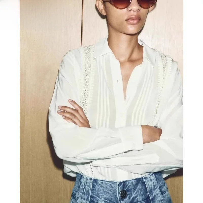 Faionable White Long Sve irt Spring Summer New Sle Women's Clothing Commute Personali Turn-down Collar Vertical Lace