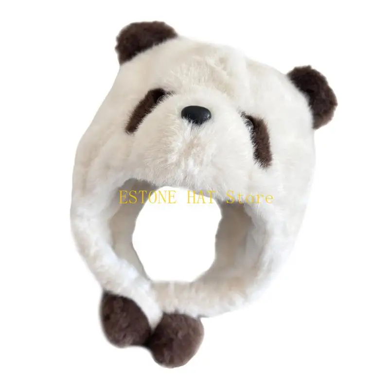 49MF Furry Plush Panda Hat Warm Ear Flap Hat Cold Weather Headwear Casual Wear Hat