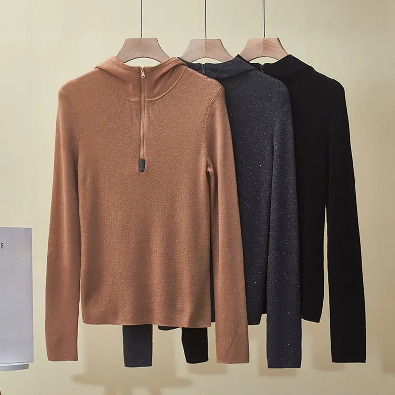 

Autumn and Winter New Hooded Sweater Slimming Half Zip Cashmere Wool Knitted Sweater