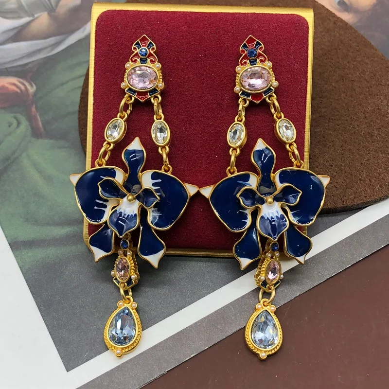 

Vintage blue drop glaze flower drop drop sweep shoulder long earrings