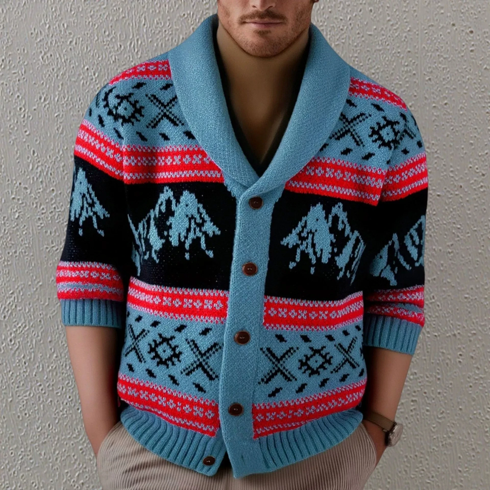 

Мужская жаккардовая вязаная куртка в стиле ретро, уличная зимняя роскошная мода, толстый кардиган, свитер, топ