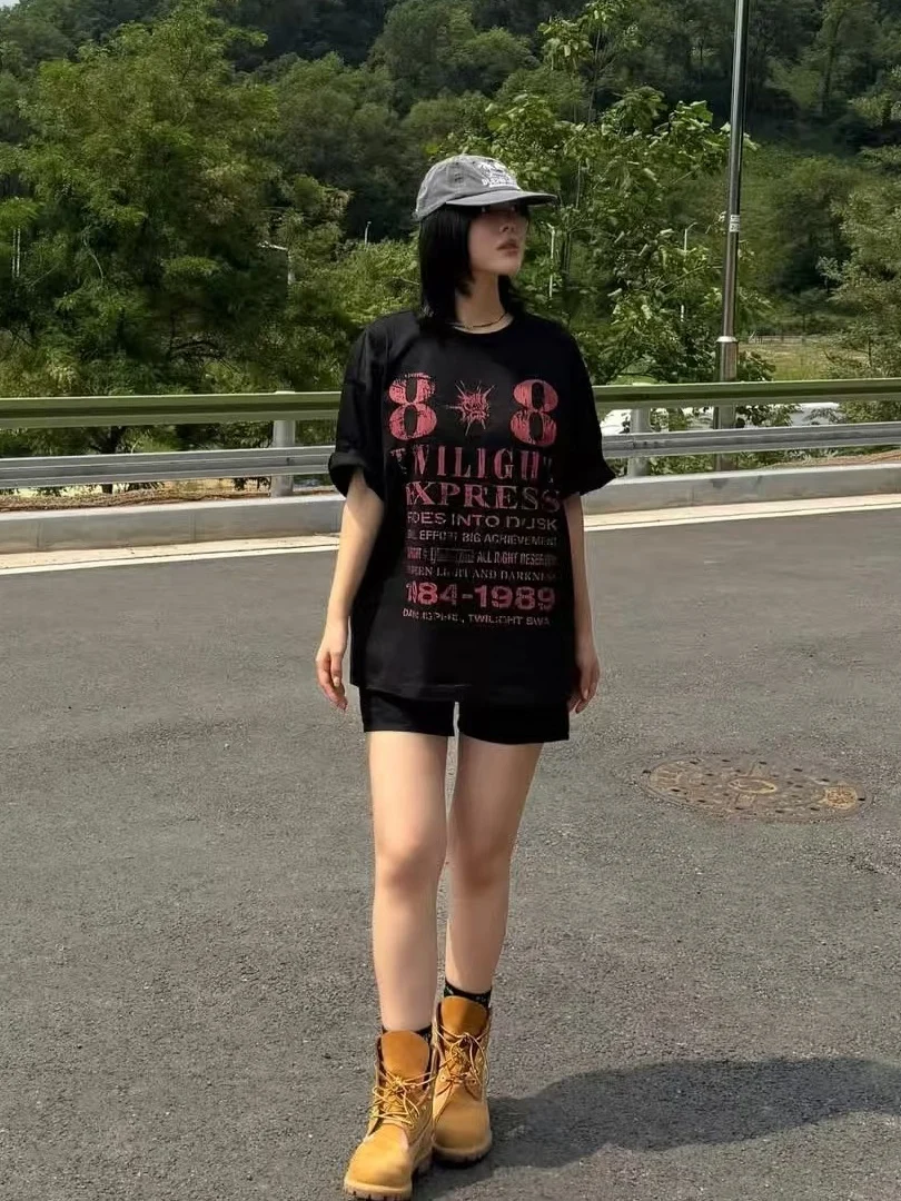 Retro American Style Cotton T-Shirt Women's Loose Fit Short Sleeve Letter Print Streetwear Summer New Arrival Pure Color