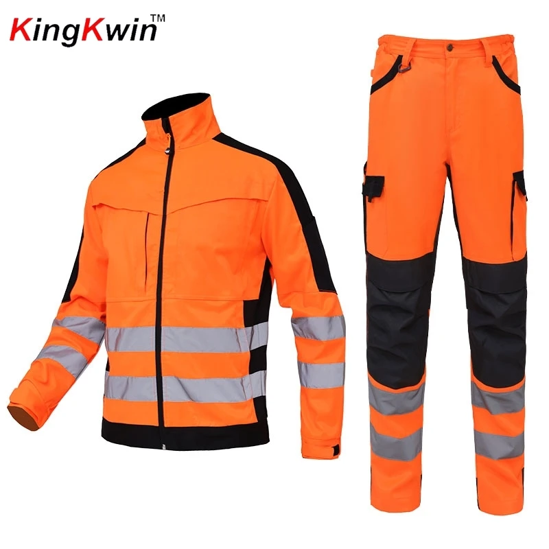 Warehouse Workwear Orange Jacket Working Cargo Pants Men High Visibility work suit with Reflective tapes