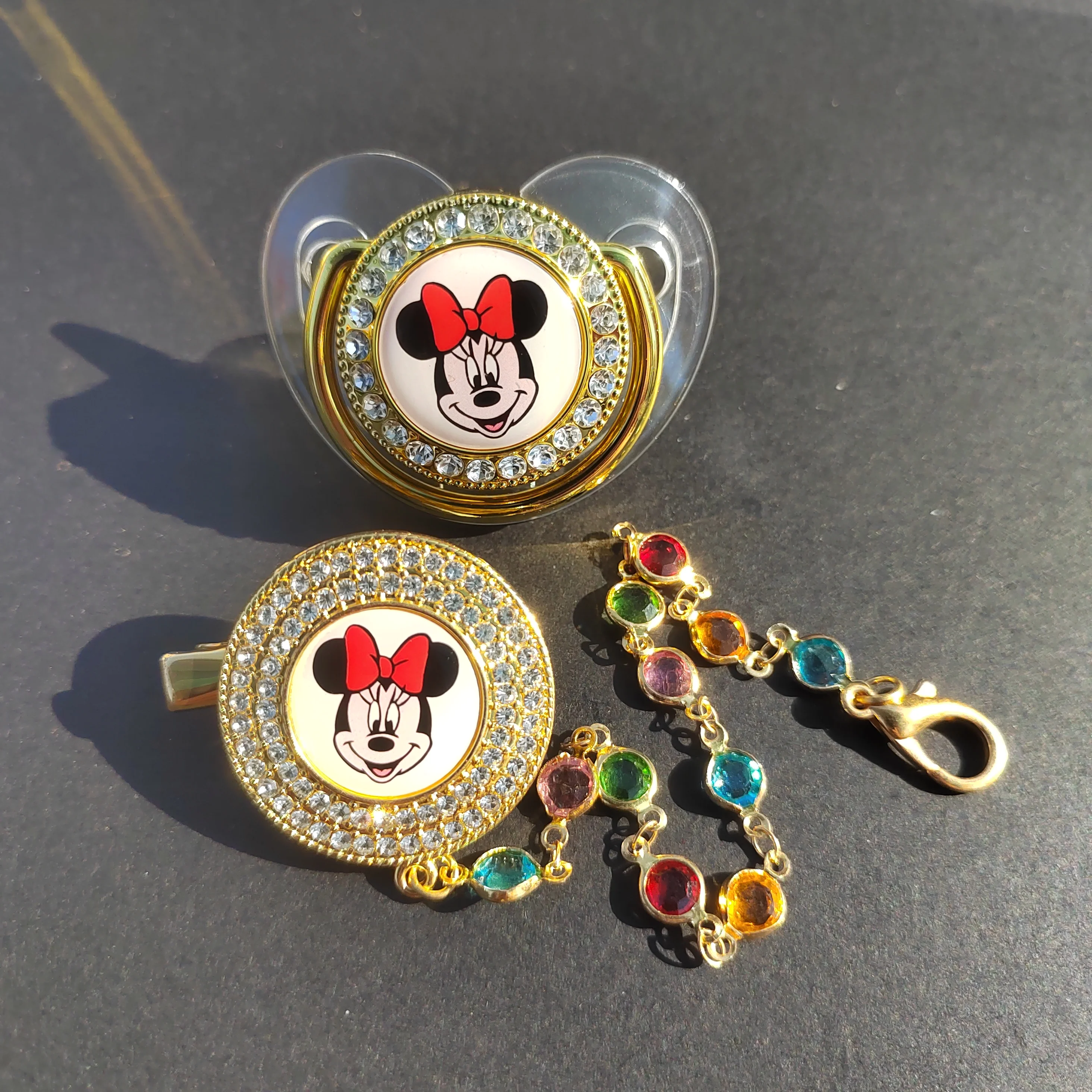 Luxury Clear Gold baby pacifier Clip Minnie Mouse Baby pacifier Silicone baby teat Bling Diamond pacifier chupetes para bebes