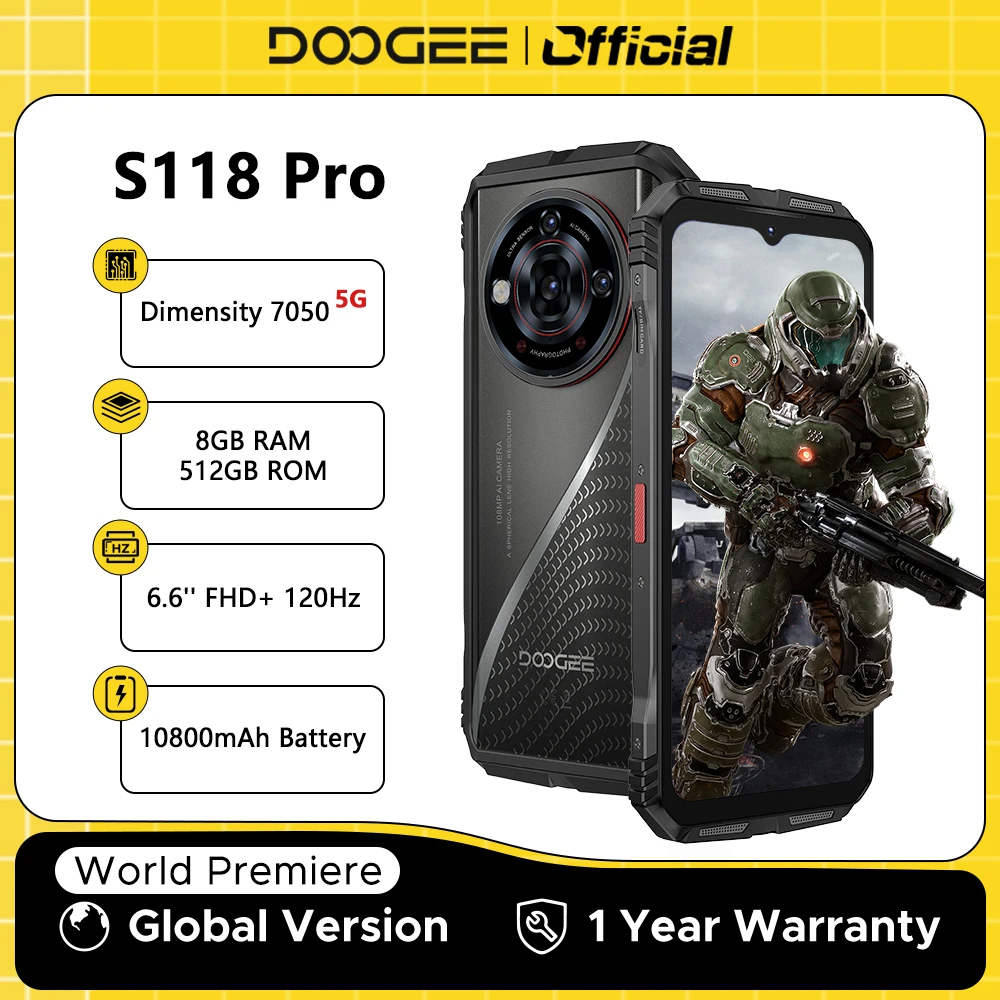 World Premiere DOOGEE S118 Pro 5G Rugged Phone 6.6'' FHD 120Hz 8GB RAM 512GB ROM 10800mAh Battery Android 14 Cell Phone With NFC