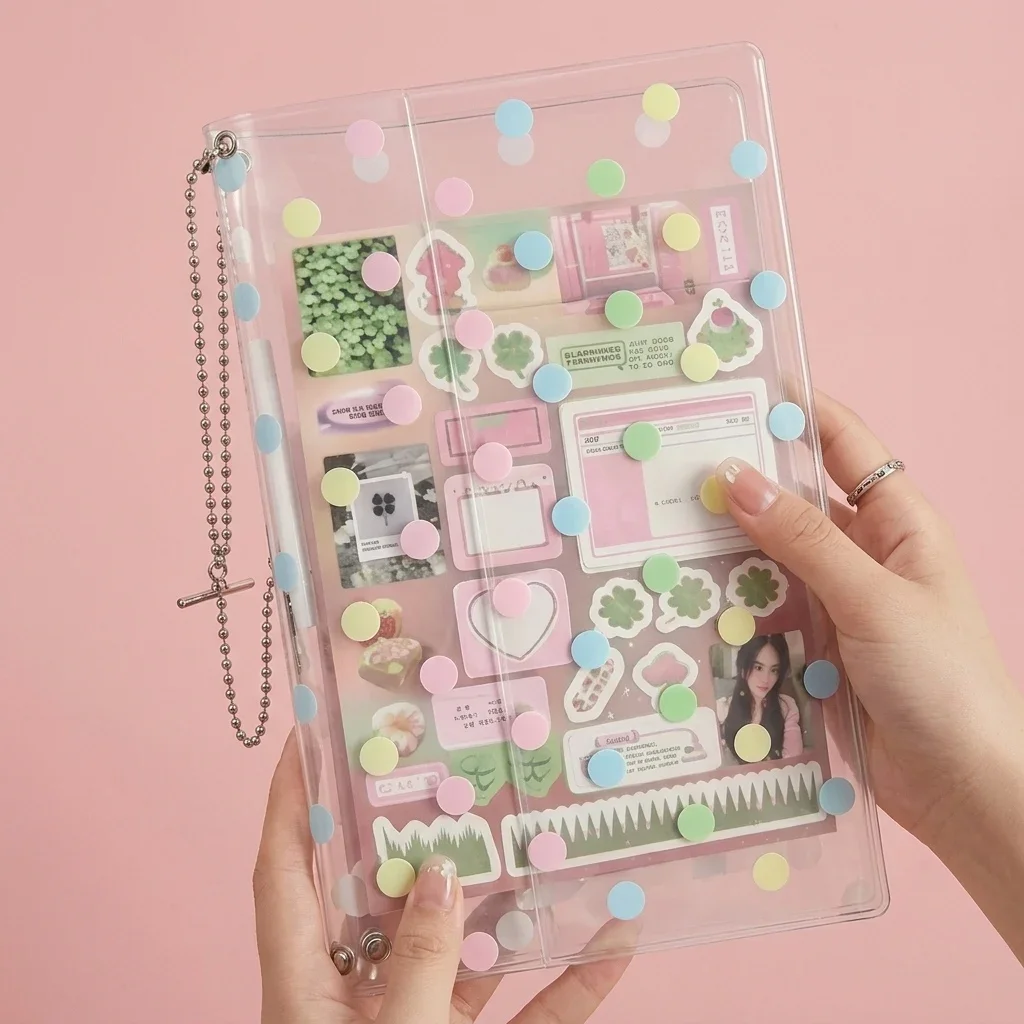DIY Traveler Journal Shell 4 Pcs Polka Dot PVC Notebook Cover Set with Silver Lanyard Korean Ins Kpop Photocard Holder