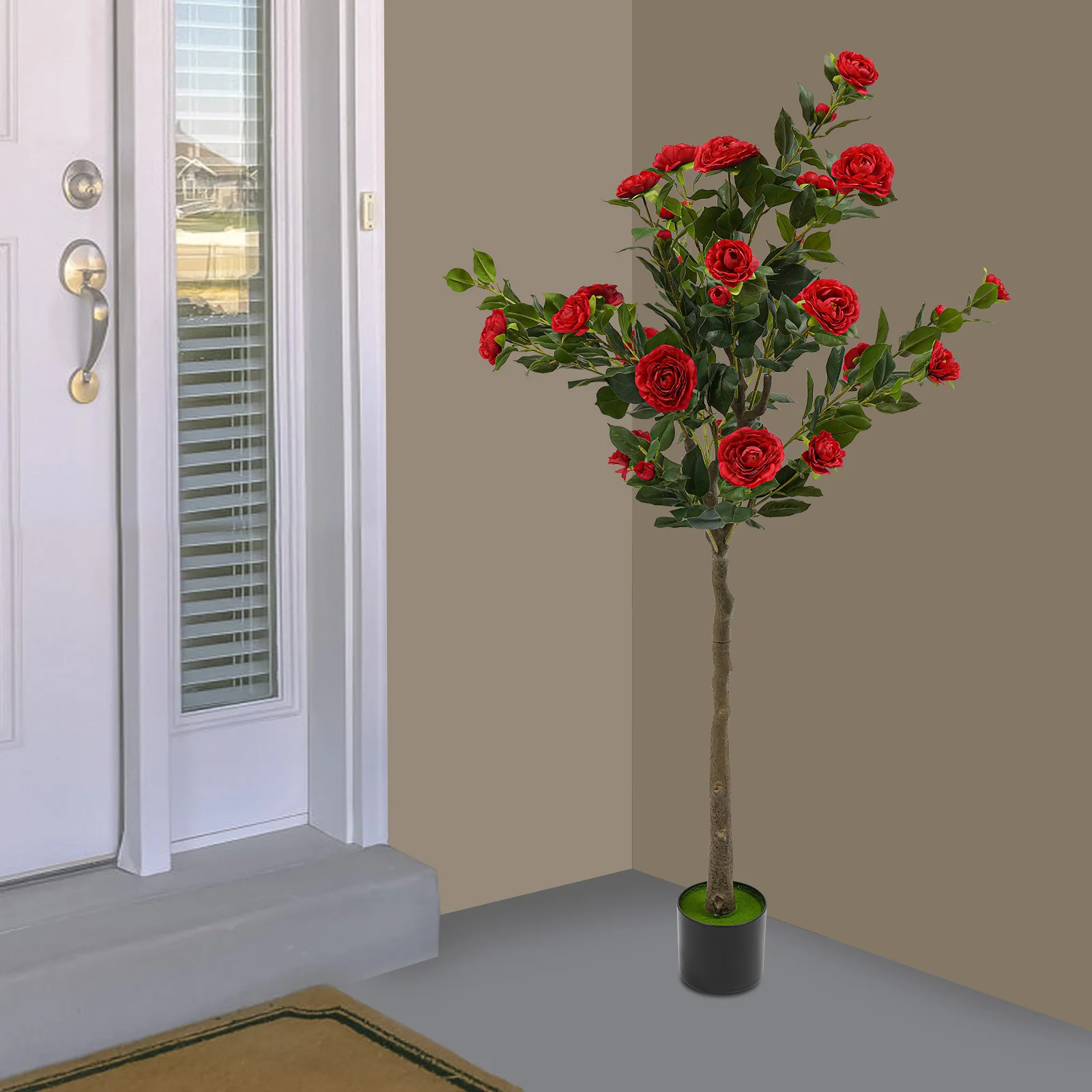 

Simulated Tree Camellia Plant In Pot Lifelike Trunk Red Artificial Camellia Trees for Balconies/Shopping Malls/Exhibitions
