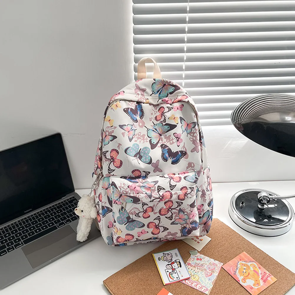 Borse da scuola alla moda Zaino per laptop con stampa a farfalla Borsa a tracolla per studenti con pendente per viaggi in campeggio all'aperto