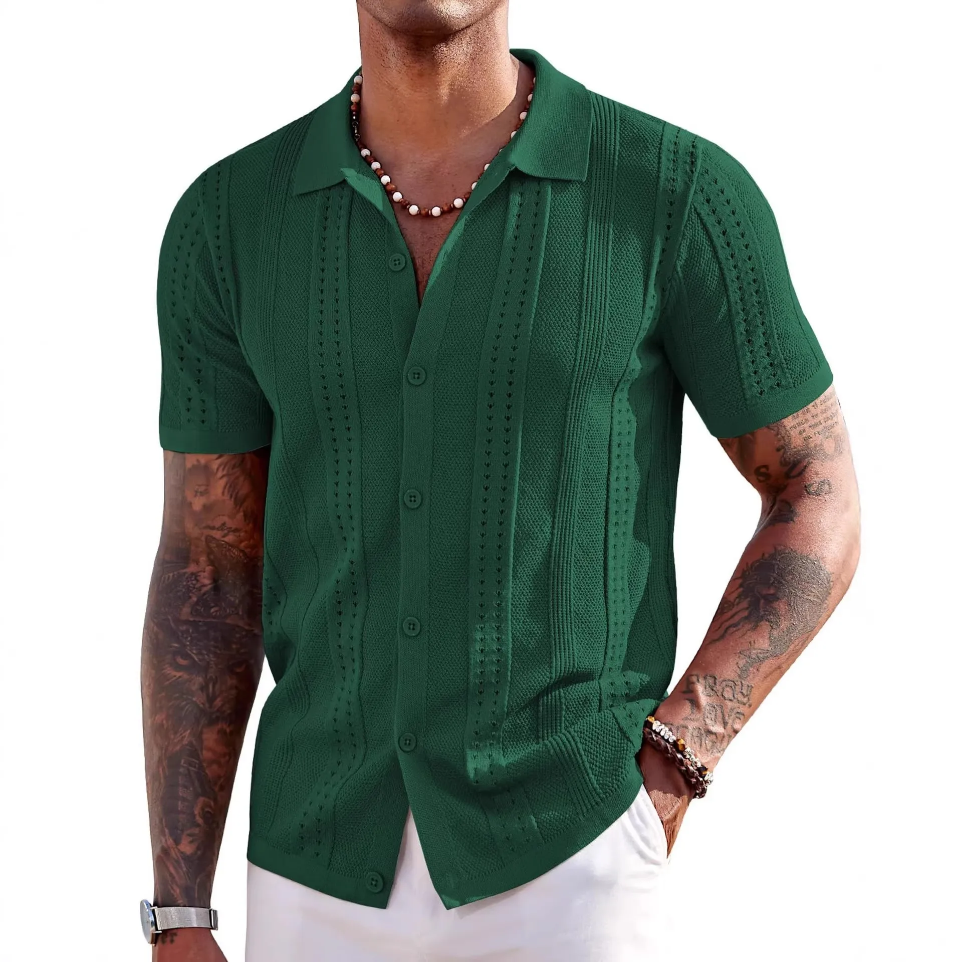 

Spring Men's Clothing Short Sleeve Shirt For Men Cuban Collar Knit Loose Fit Casual Top Polyester Solid Color Regular Weight