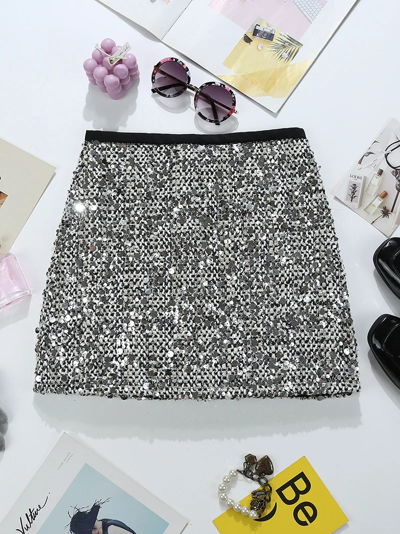Elegant High-Waisted Aesthetic Spice Girl Skirt  Cross-Border Women's Sequin Mini Skirt | Anti-See-Through Bodycon Skirt for Par