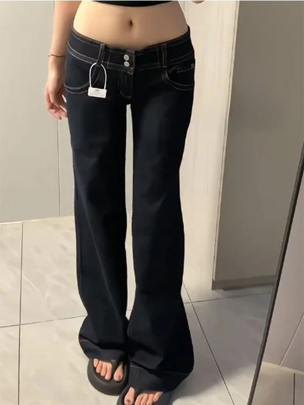 กางเกงยีนส์ทรงกระดิ่งเอวต่ำ ดีไซน์เก๋ สไตล์อเมริกัน สำหรับผู้หญิง ขากว้าง ใส่สบายๆ สำหรับฤดูใบไม้ร่วง