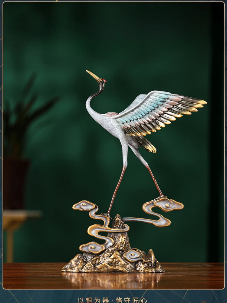 Desktop Decoration Creative Crafts Handmade Brass Material Retro Chinese Crane Modeling Gift Suitable for Living Room Entrance