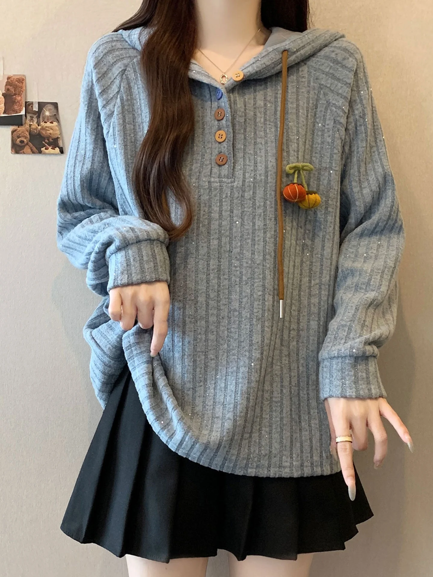 

Faionable Glitter Long Sve Hoodie Loose plus Size Women's Sweatirt Autumn Winter Thiened Korean Sle Color Top