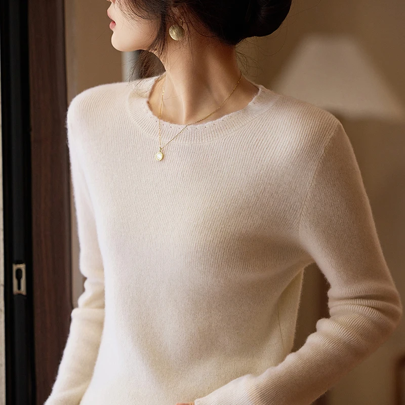 

Women's 100% Cashmere Solid - Color Crew - Neck Pullover with Lace Trim, Slim Fit, Exude Elegance