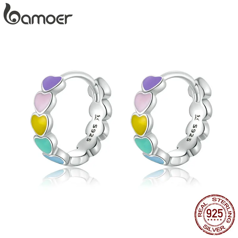 Bamoer Genuine 925 Sterling Silver Rainbow Heart Earrings for Women Colorful Flower Earrings Female Fine Wedding Jewelry Gifts