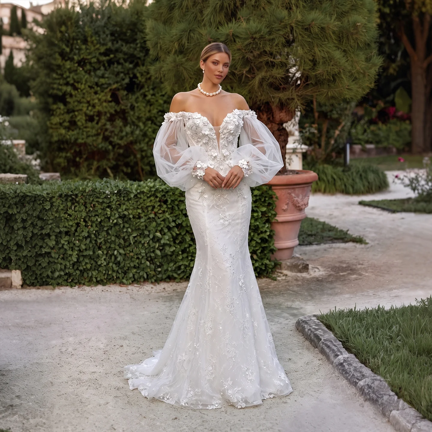 Sheer Fairy Wedding Dress Luxury Off Shoulder Sweetheart 3D Floral Pearl Puff Sleeves Dubai Elegant Bridal Gown SW630 Customized