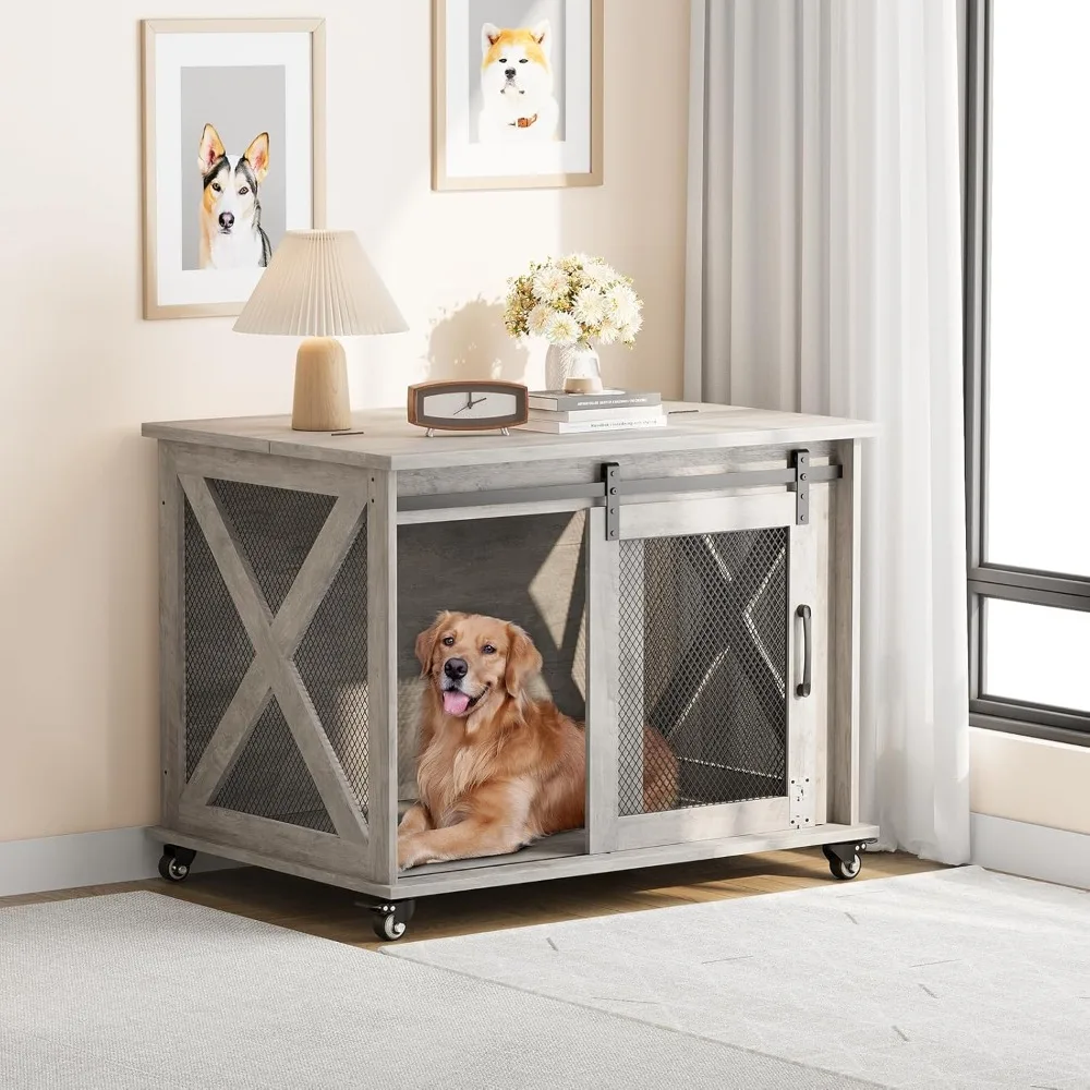 

Dog Crate Furniture with Flip Top, 37" Dog Cage Furniture with Sliding Barn Door, Wheels and Removable Divider, Furniture Style