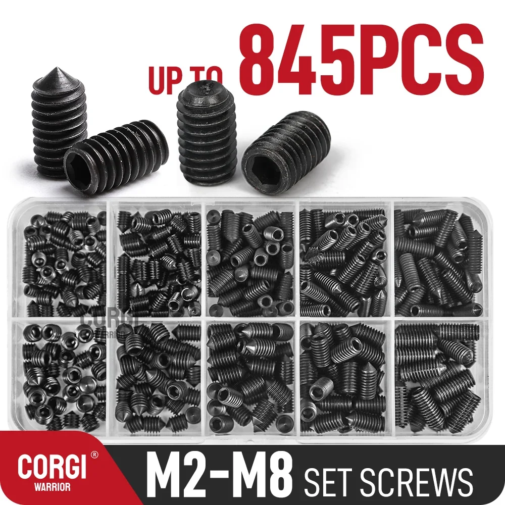 60-845 Grub Set Screws Assortment Kit M2 M2.5 M3 M4 M5 M6 M8 Cup-Point Cone Point Black 12.9 Class Alloy Steel with Wrenches