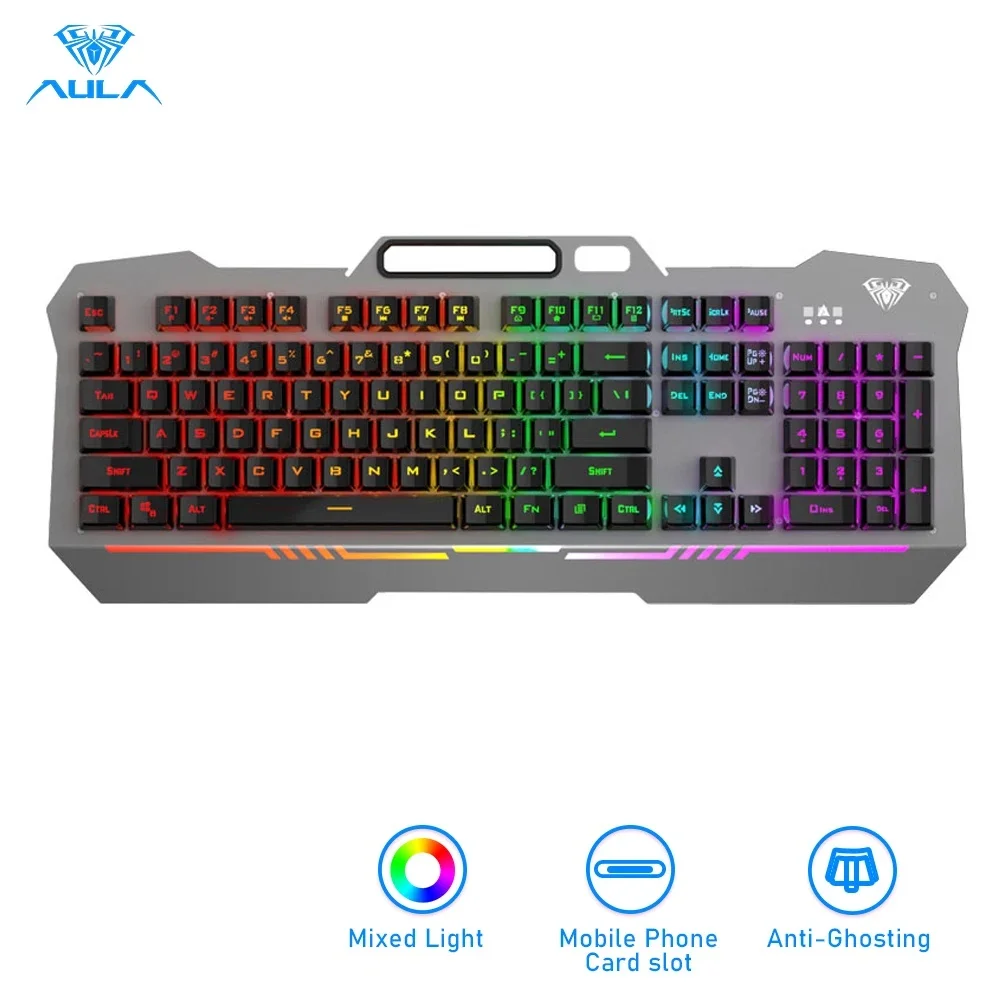 AULA F3010 Wired Mechanical Keyboard Mobile Phone Placement and 26-key Anti-ghosting 3 Free Adjustment Modes for PC