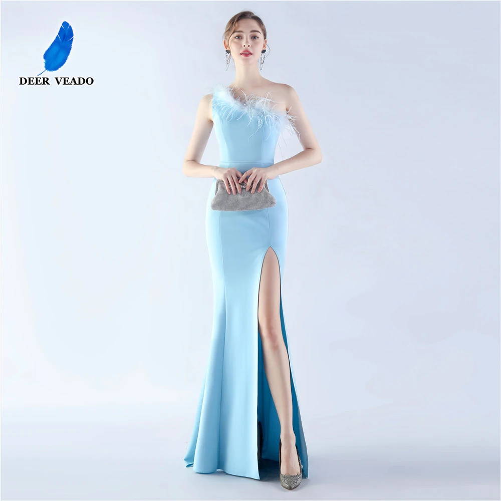 

DEERVEADO Candy Color Mermaid Slit Evening Party Maxi Dress Women's One Shoulder Soft Satin Formal Dress with Feathers