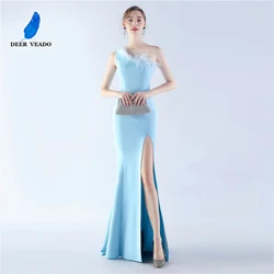 DEERVEADO Candy Color Mermaid Slit Evening Party Maxi Dress Women's One Shoulder Soft Satin Formal Dress with Feathers