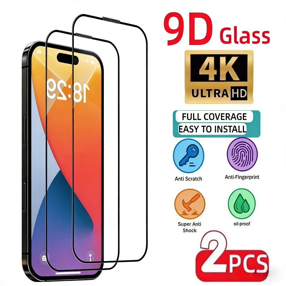 

2 шт. Защитное стекло Full Cover для iPhone 17, 16, 15, 14 Pro Max, Air 17e, 15, 16 Plus, 13, 12, 11 Pro, Mini, противоударное, из закаленного стекла