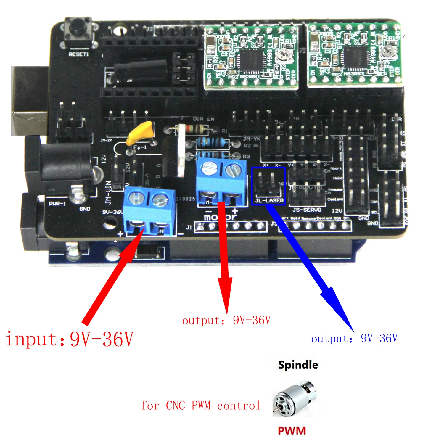 Placa de control de grabado láser grbl, controlador láser pwm, TTL, CNC, bricolaje, 3 ejes, placa de escudo uno y uno, 1,1