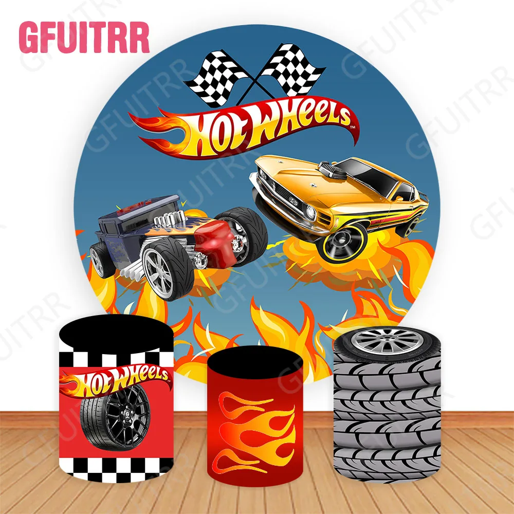 GFUITRR Hot Wheels Round Backdrop Child Birthday Baby Shower Photography Backdrop Round Cylinder Cover Party Decor Photo Props