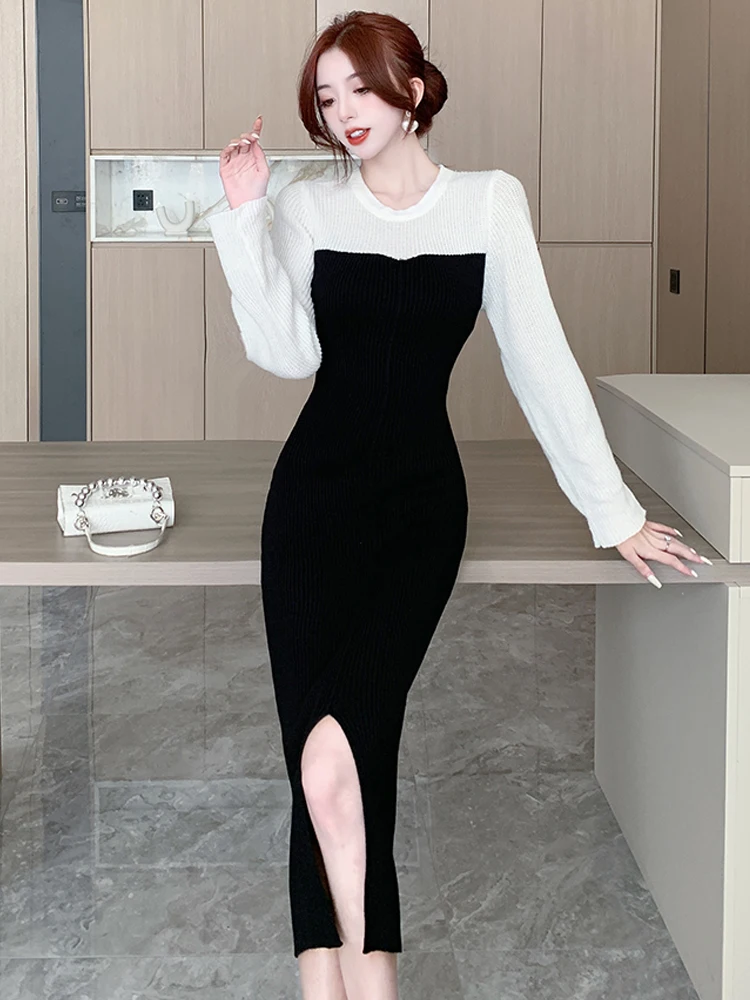 

New Women Split fork black white Splicing Knitted Dress 2022 Autumn Winter Temperament Elegant Elastic Solid Color Office Dress