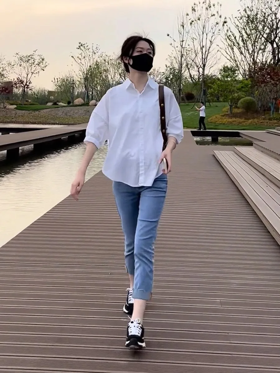 

Fashionable European Style Women's Clothing Set Short Sleeve Collar Shirt And Nine-Piece Jeans Two-Piece Summer Outfit