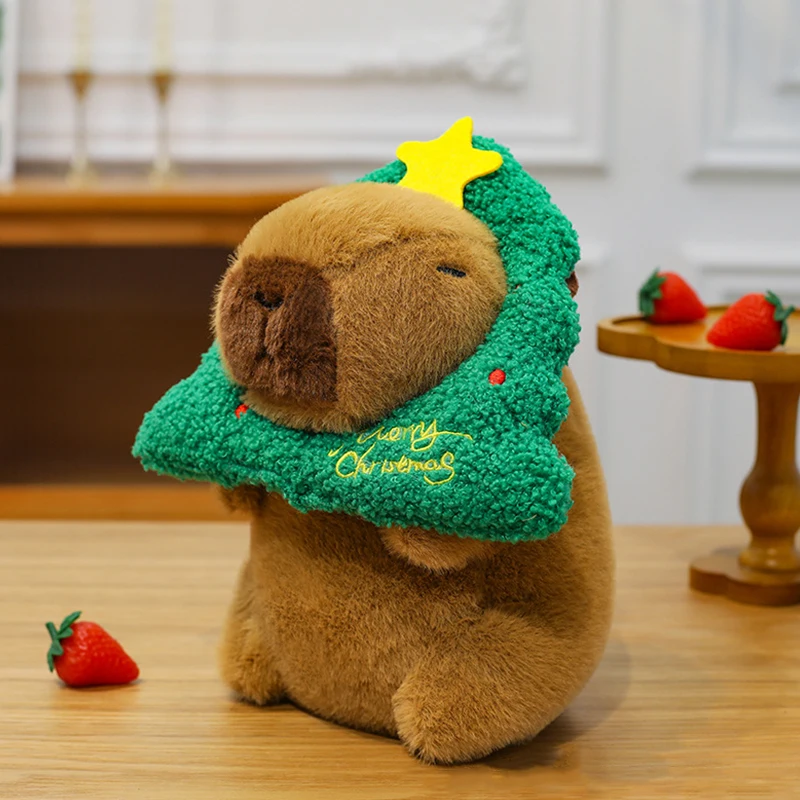 Vestido Kawaii, muñeco de peluche de capibara de Navidad, árbol de Navidad, bufanda verde, juguete de peluche de capibara, muñeco esponjoso de capibara suave