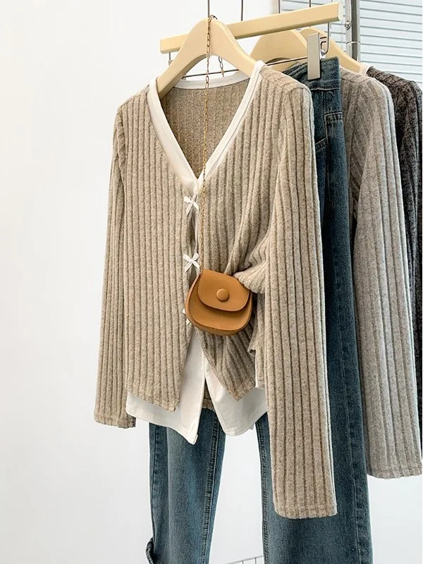 

plus Size Women's Casual Knitted Long Sleeve Spring Fashion Knot Top V-Neck Regular Fit Universal Style