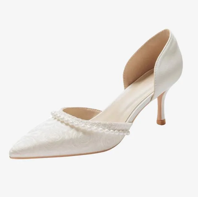 Beige White Flower Satin Pearls Mary Jane Single Pumps Women Chunky Heels Mesh Bandage Summer High Heel Shoes view 6