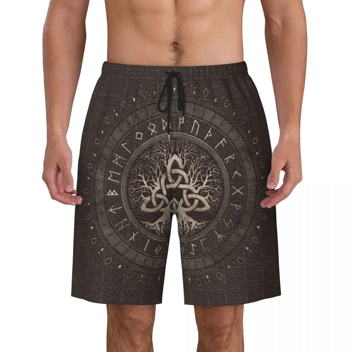 Tree Of Life With Triquetra Brown Leather And Gold Board Shorts Beach Shorts Briefs Norse Yggdrasil Quick Dry Swim Trunks