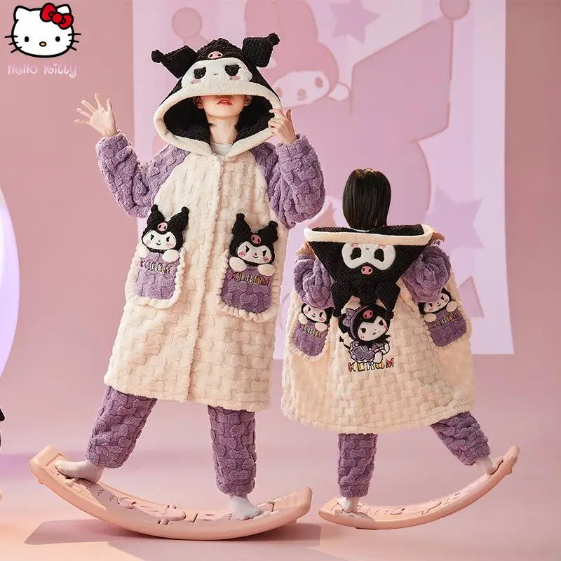 الفتيات Kawaii مقنعين الملابس المنزلية الدافئة مجموعة الكرتون الفتيات سميكة ثوب النوم منامة أنيمي شتاء جديد الوالدين والطفل قطعتين مجموعة
