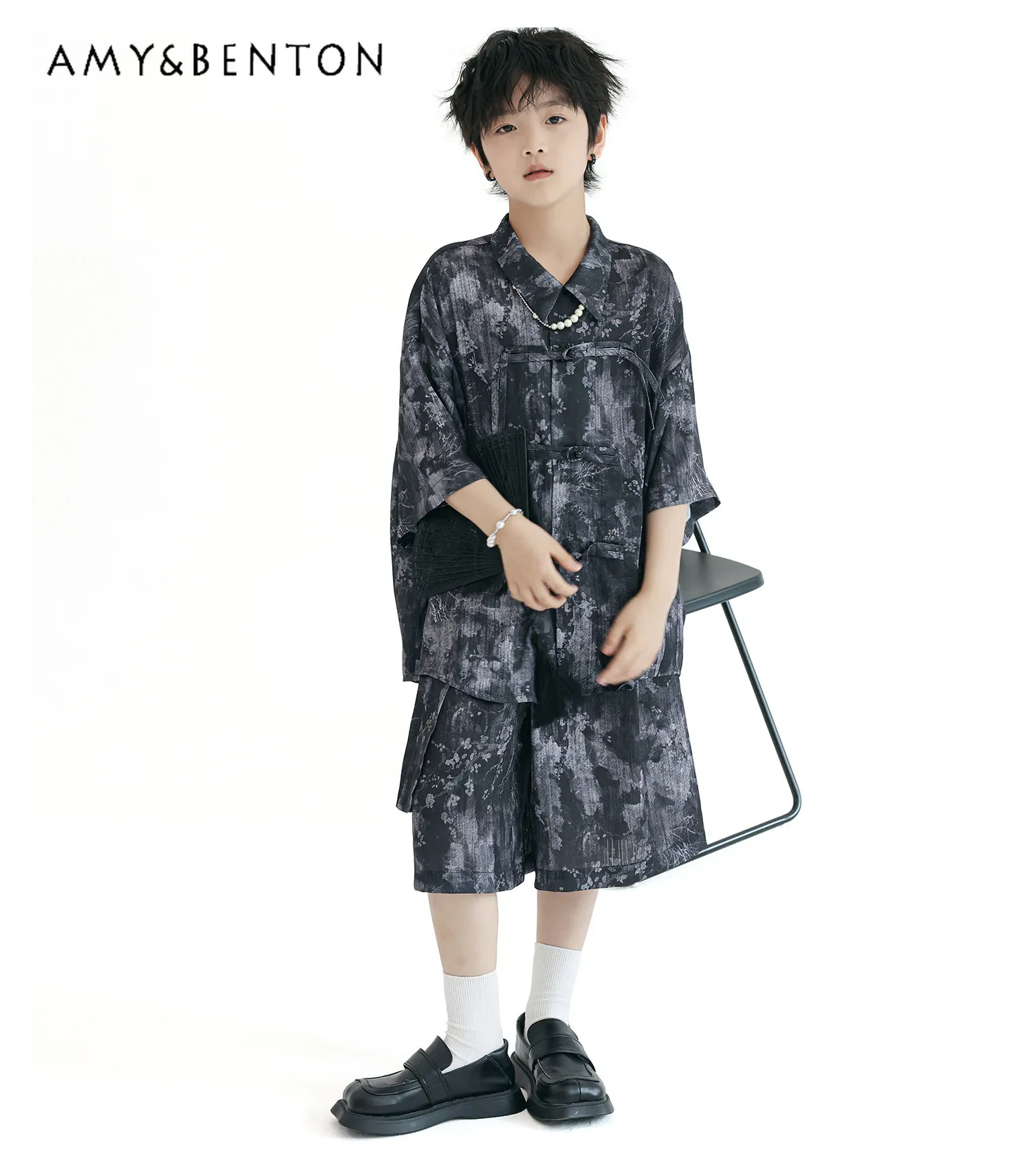 

Boys Summer New Chinese Style 2PCS Outfit Fashion Boys Ink Wash Print Tang Suit Shirt and Loose Shorts Streetwear Casual Set