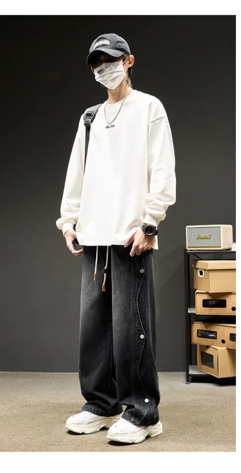 Spring and Autumn New Blue Loose Wide-Leg Straight Pants American High Street Black Patchwork Workwear High-Waist Denim Pants
