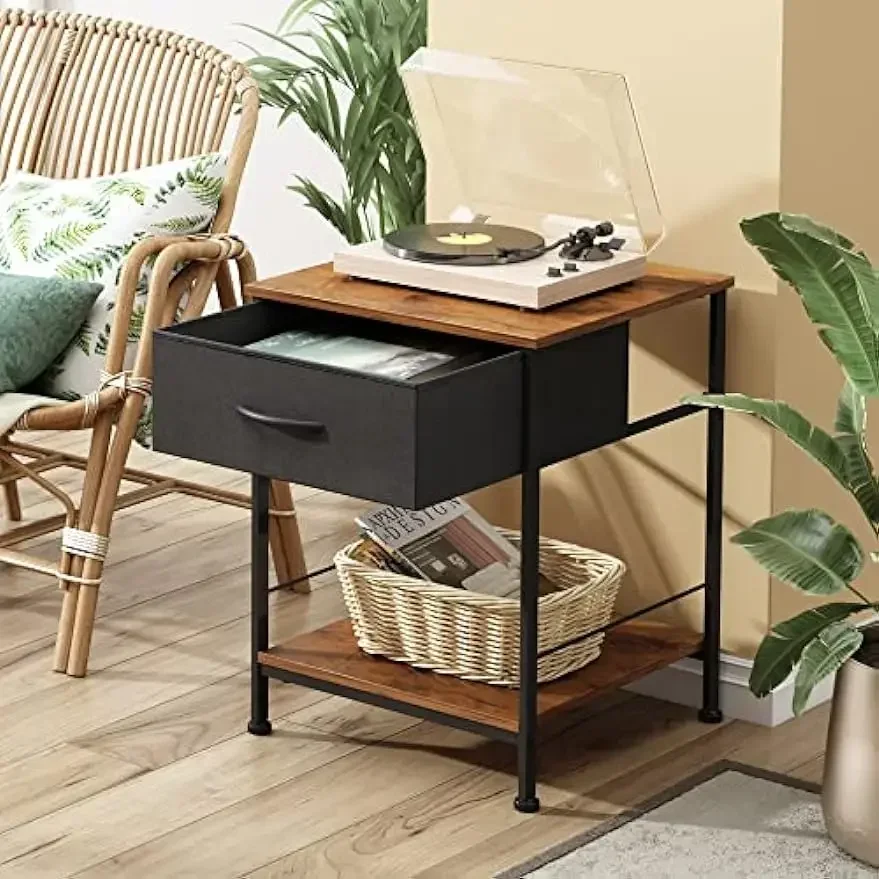 Nightstand Set of 2, End Table with Fabric Storage Drawer and Open Wood Shelf, Bedside Furniture Steel Frame,