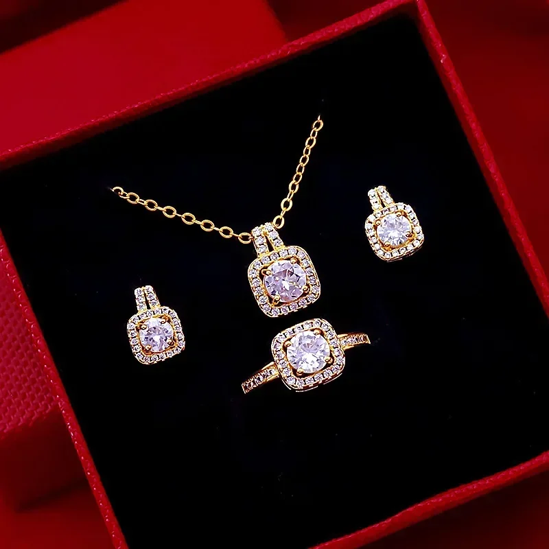 

9999 Real Gold 24K Three-piece Fashion Micro-inlaid Zircon Set Women's Stud Earrings Necklace Perfume Bottle Set Jewelry