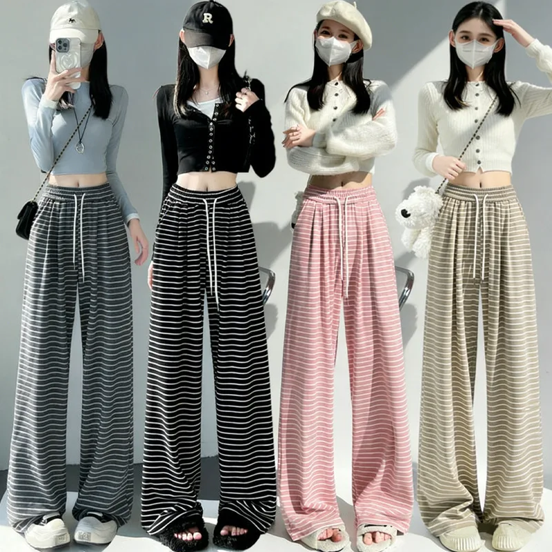 

Yafei Stripe Glutinous Rice Pants for Women Spring New High-Waist Draped Slim Straight Pants Lazy Style Striped Wide-Leg Pants
