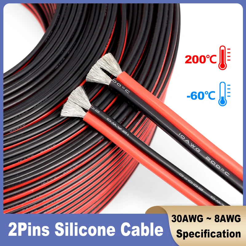 High Temperature Tinned Copper Wire 2Pin Silicone Cable Red Black 30 28 26 24 22 20 18 16 14 12 10 8AWG for Automotive LED Light