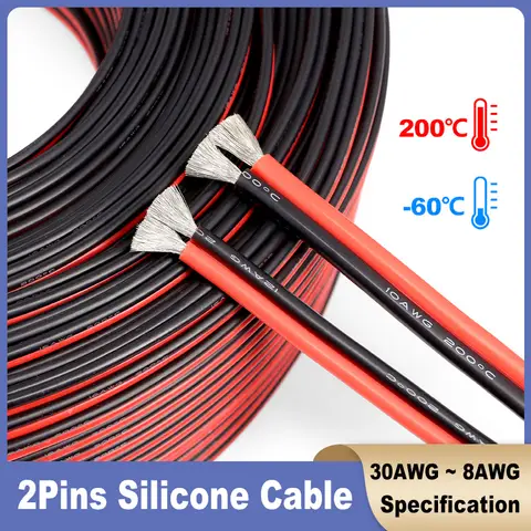 High Temperature Tinned Copper Wire 2Pin Silicone Cable Red Black 30 28 26 24 22 20 18 16 14 12 10 8AWG for Automotive LED Light