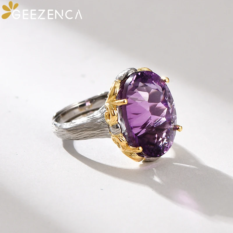 GEEZENCA Oval Faceted Amethyst 925 Silver Dichroic Plating Rings Women Natural Stone Wider Classic Court Luxurious Ring 2023 New