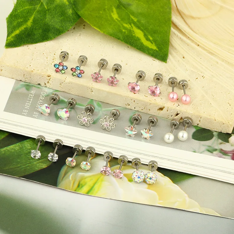 1Set New stainless steel five-pointed star ear stud Advanced screw stud Pink 24-piece body piercing set