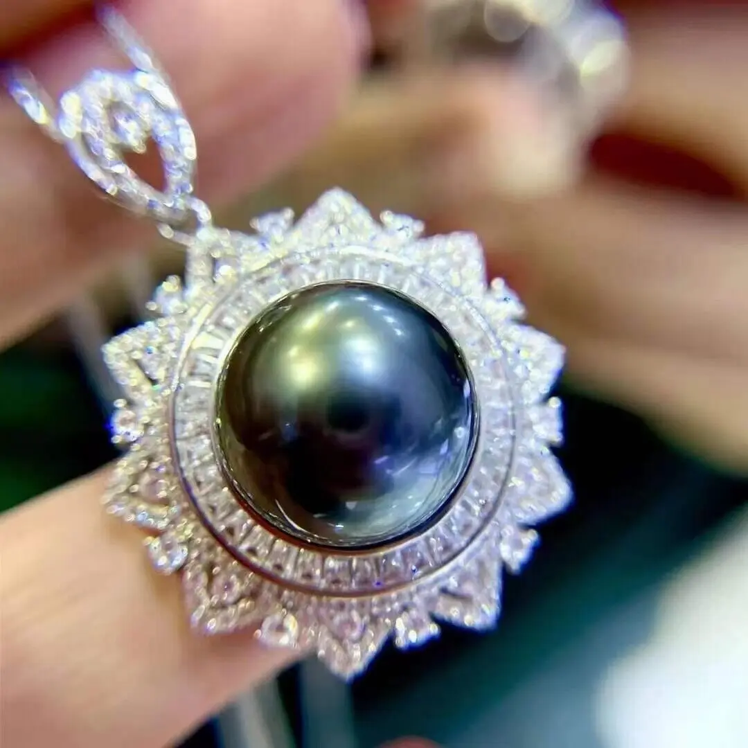 Gorgeous AAAAA 10-11mm South China Sea Black Stud Pearl Pendant Necklace 925s