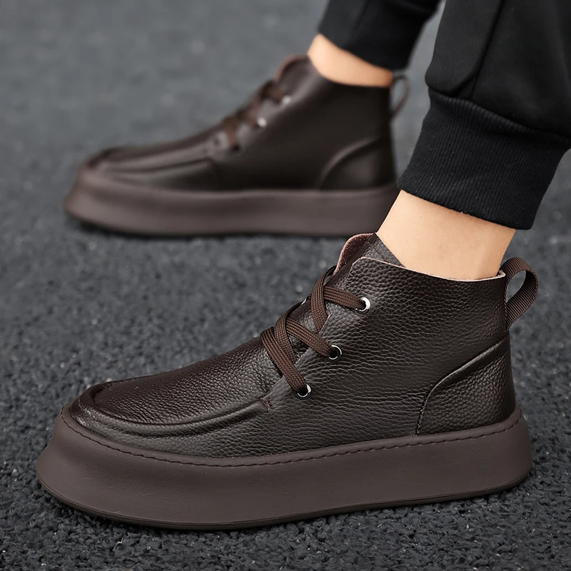 Autumn Men Ankle Boots High-top Soft Genuine Leather Sneakers Motorcycle Boots Tooling Boots Platform Skateboard Sports Shoes 44