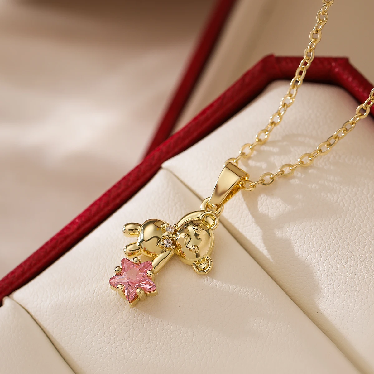NEWBUY 2024 Fashion Gold/Silver Color Delicate Cute Bear Pendant Necklaces For Women Pink/White CZ Jewelry