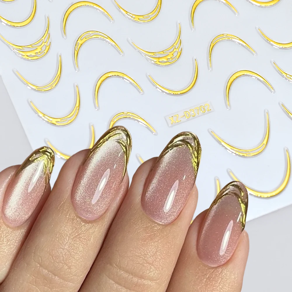 

1pc Metallic French Stripe Line Nail Sticker 3D Flower/Moon/Star Self-Adhesive Sliders Gold Silver Curve Stripes Wave Nai Decals